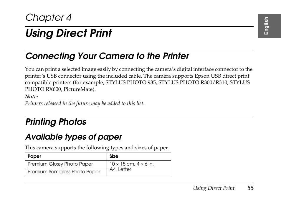 Using direct print, Chapter 4, Connecting your camera to the printer | Printing photos | Epson PhotoPC L-500V User Manual | Page 55 / 100