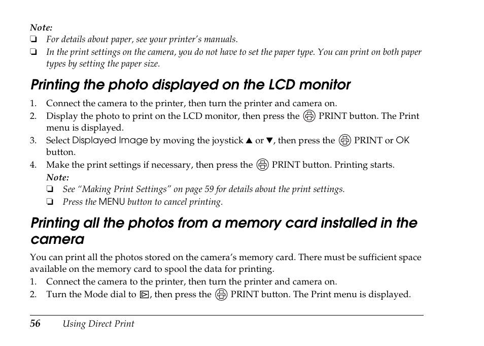 Printing the photo displayed on the lcd monitor | Epson PhotoPC L-500V User Manual | Page 56 / 100