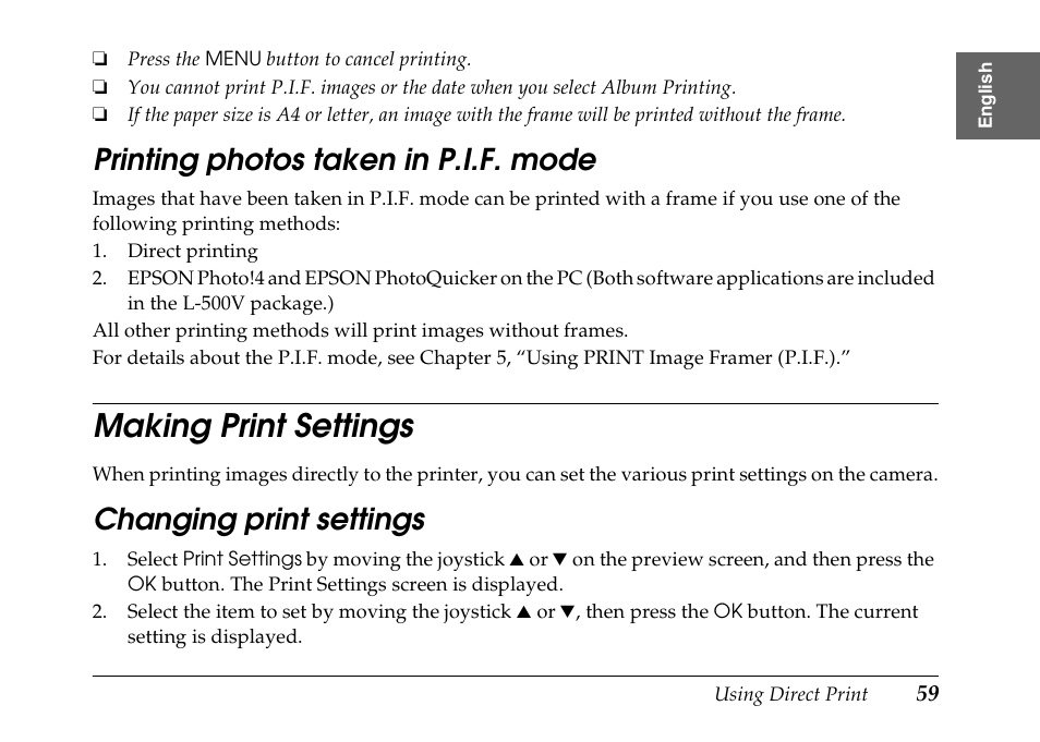 Making print settings, Printing photos taken in p.i.f. mode, Changing print settings | Epson PhotoPC L-500V User Manual | Page 59 / 100