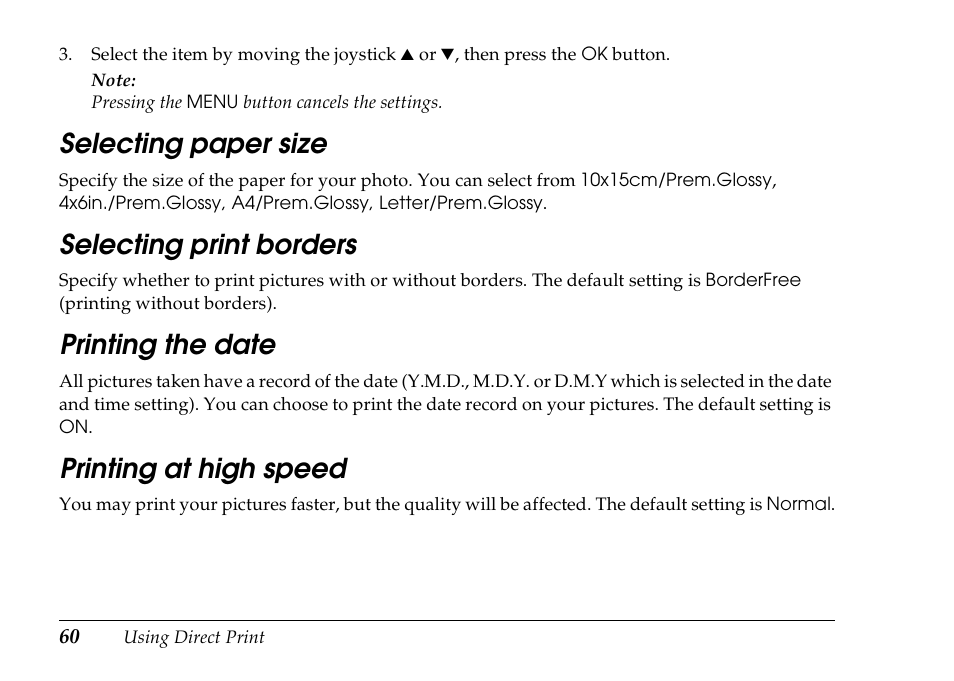 Selecting paper size, Selecting print borders, Printing the date | Printing at high speed | Epson PhotoPC L-500V User Manual | Page 60 / 100