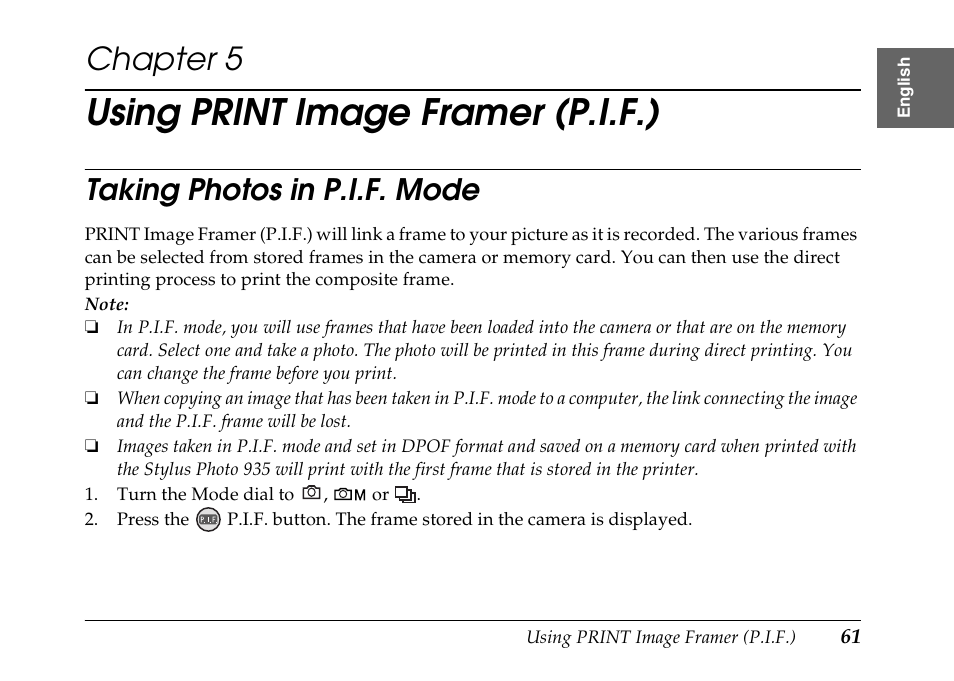 Using print image framer (p.i.f.), Chapter 5, Taking photos in p.i.f. mode | Epson PhotoPC L-500V User Manual | Page 61 / 100