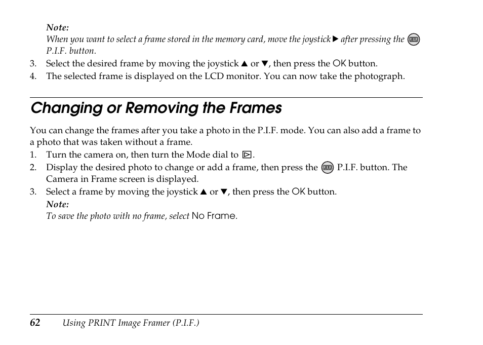 Changing or removing the frames | Epson PhotoPC L-500V User Manual | Page 62 / 100