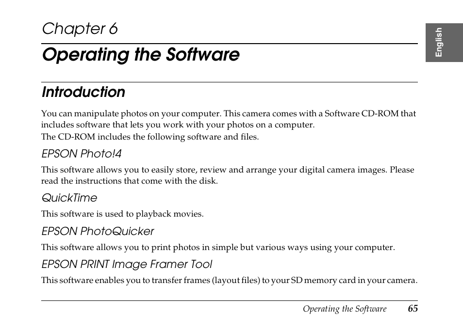 Operating the software, Chapter 6, Introduction | Epson PhotoPC L-500V User Manual | Page 65 / 100