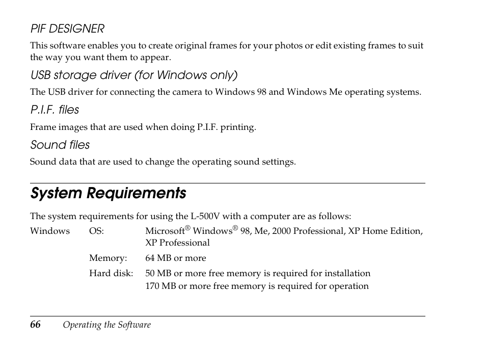 System requirements | Epson PhotoPC L-500V User Manual | Page 66 / 100