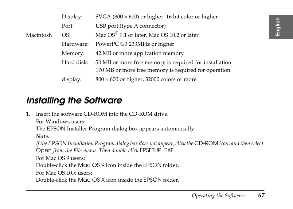 Installing the software | Epson PhotoPC L-500V User Manual | Page 67 / 100