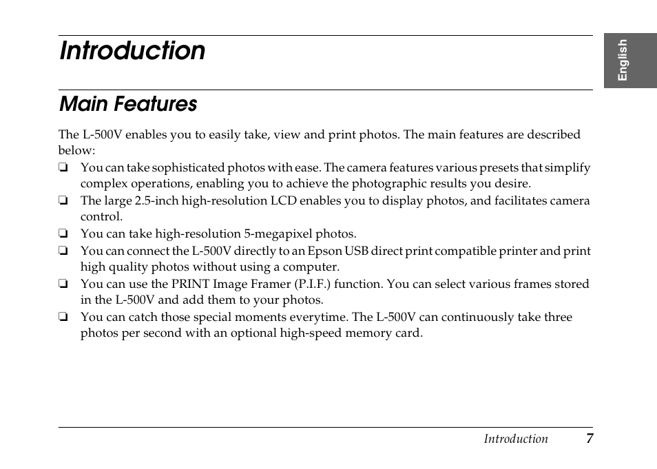 Introduction, Main features | Epson PhotoPC L-500V User Manual | Page 7 / 100