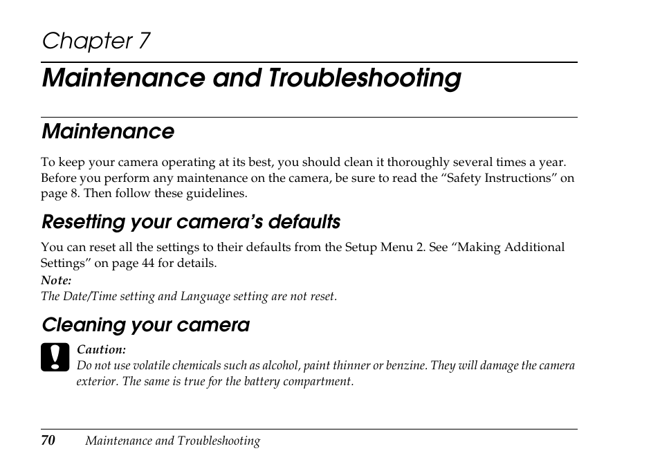 Maintenance and troubleshooting, Chapter 7 | Epson PhotoPC L-500V User Manual | Page 70 / 100