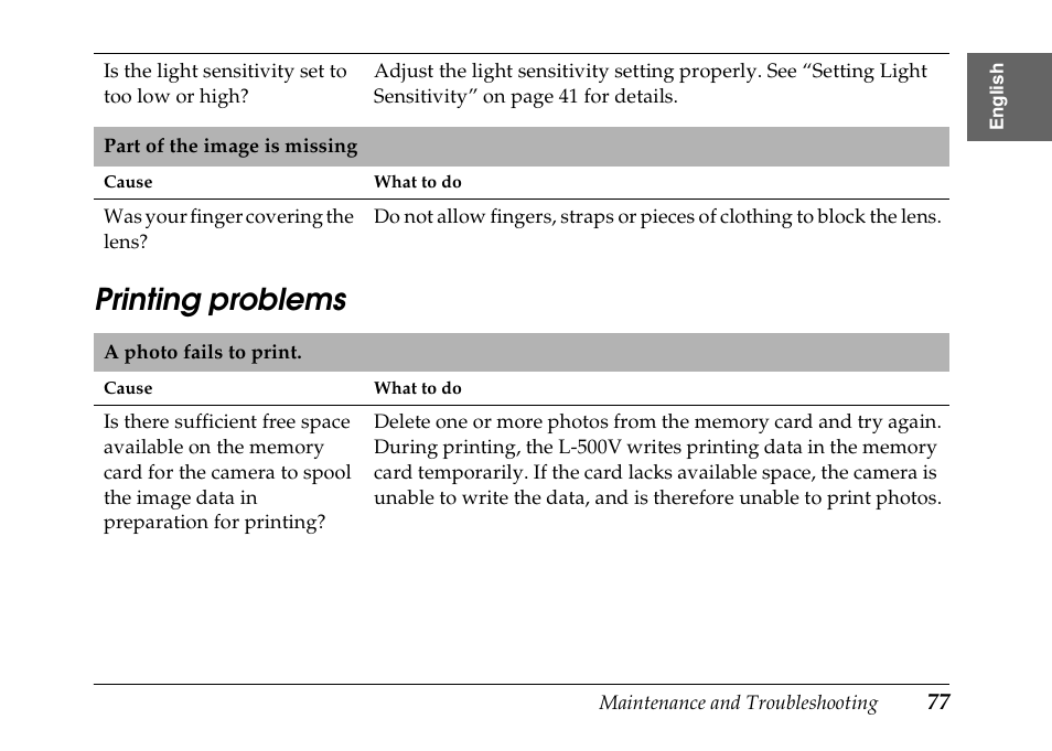 Printing problems | Epson PhotoPC L-500V User Manual | Page 77 / 100