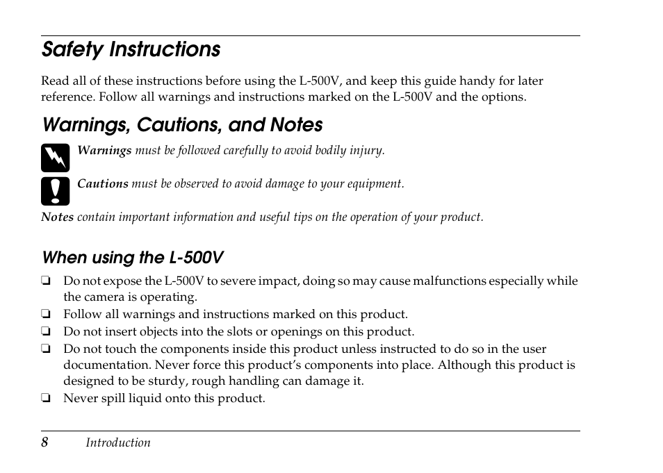 Safety instructions | Epson PhotoPC L-500V User Manual | Page 8 / 100