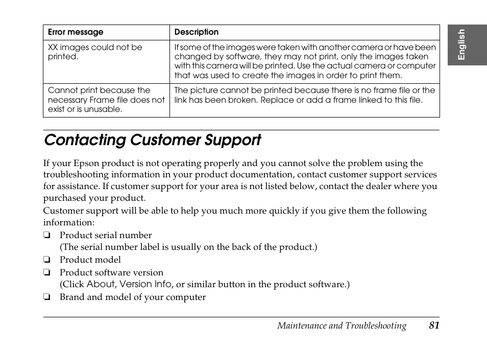 Contacting customer support | Epson PhotoPC L-500V User Manual | Page 81 / 100