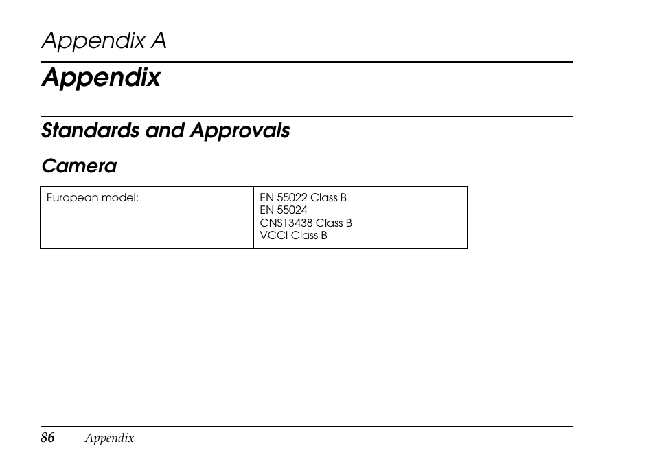Appendix, Appendix a, Standards and approvals | Epson PhotoPC L-500V User Manual | Page 86 / 100