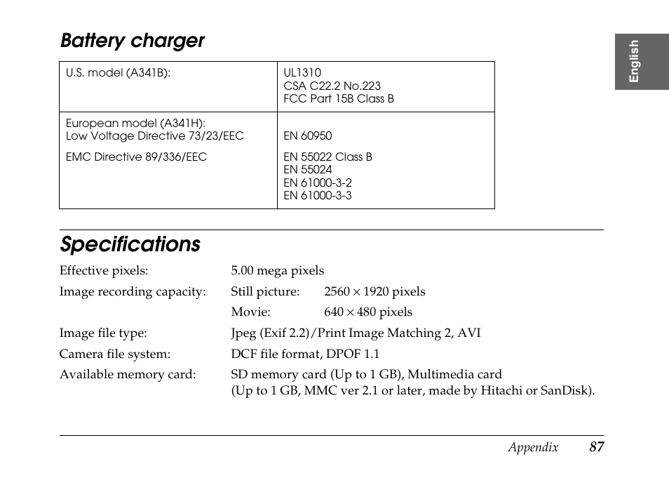 Specifications, Battery charger | Epson PhotoPC L-500V User Manual | Page 87 / 100