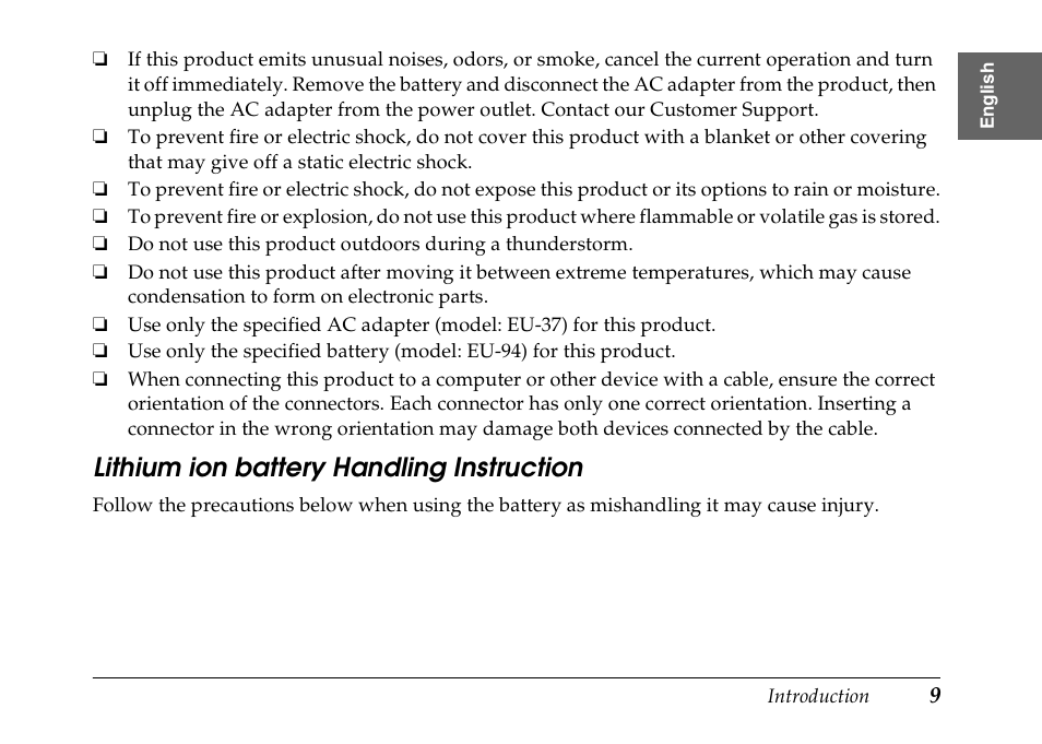 Lithium ion battery handling instruction | Epson PhotoPC L-500V User Manual | Page 9 / 100