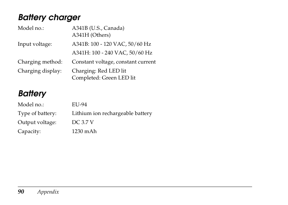 Battery charger battery | Epson PhotoPC L-500V User Manual | Page 90 / 100