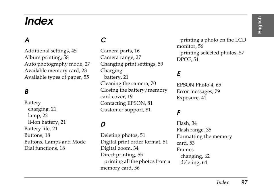 Index | Epson PhotoPC L-500V User Manual | Page 97 / 100