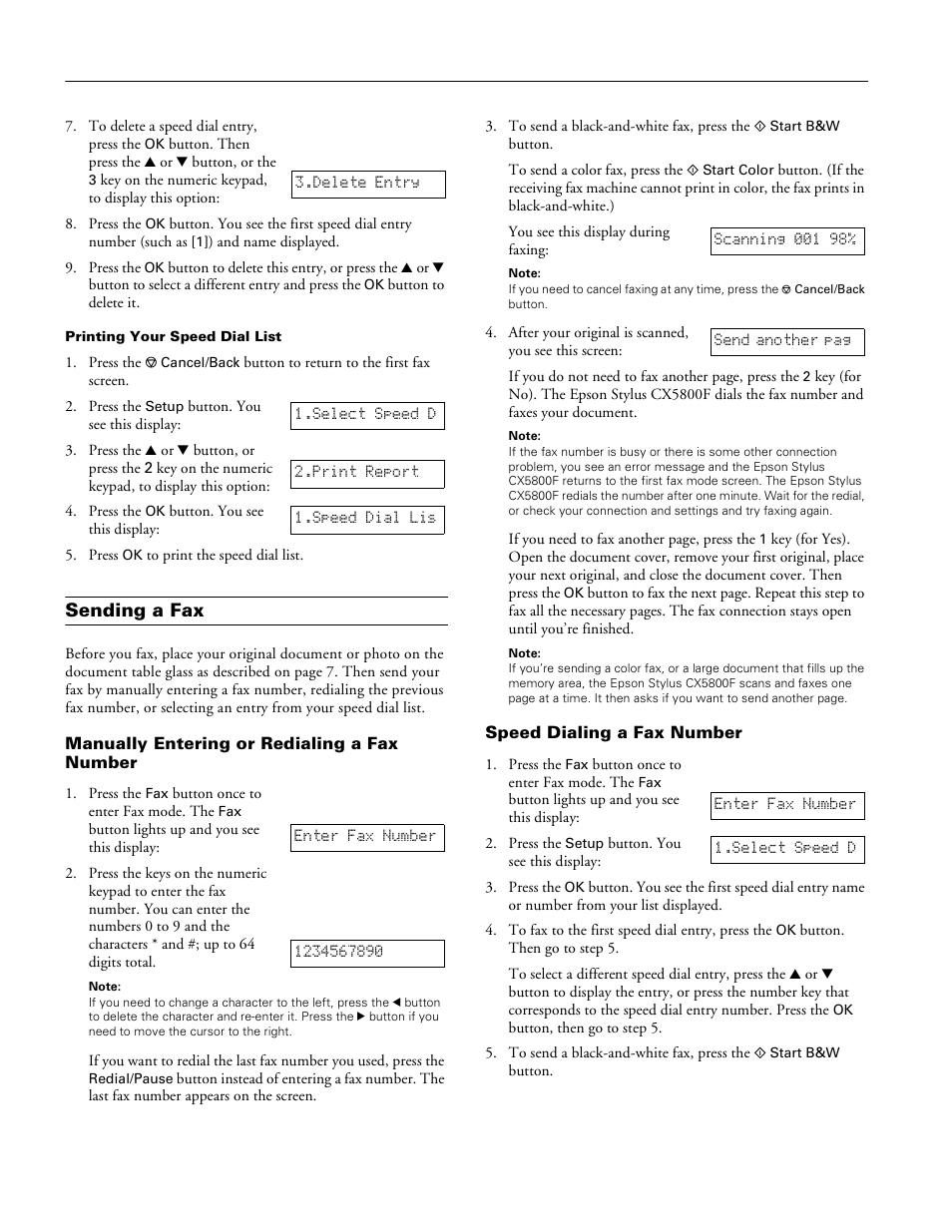 Sending a fax, Manually entering or redialing a fax number, Speed dialing a fax number | Epson Stylus Parts CX5800F User Manual | Page 16 / 22