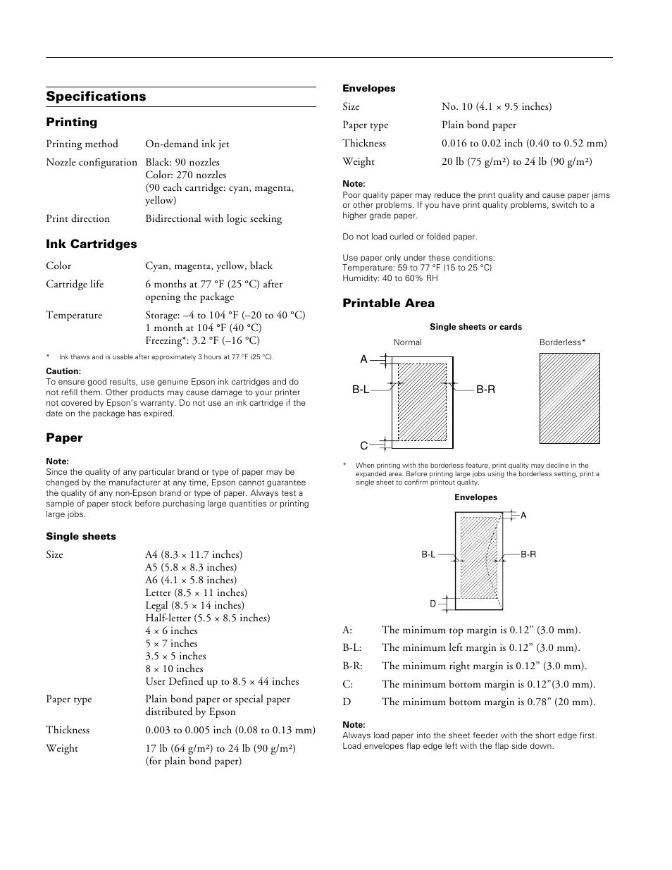 Specifications, Printing, Ink cartridges | Paper, Printable area, Epson stylus cx5800f | Epson Stylus Parts CX5800F User Manual | Page 2 / 22