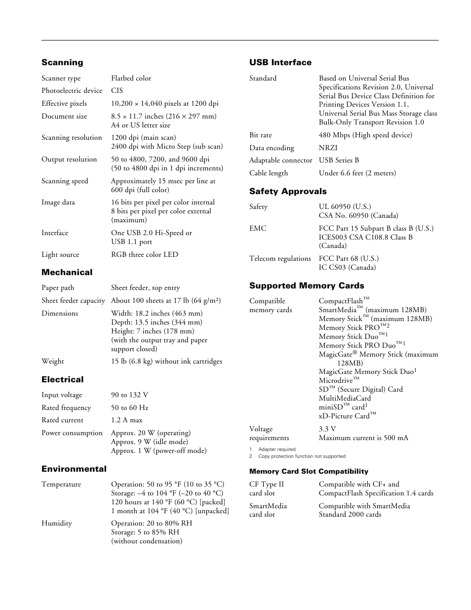 Scanning, Mechanical, Electrical | Environmental, Usb interface, Safety approvals, Supported memory cards | Epson Stylus Parts CX5800F User Manual | Page 3 / 22