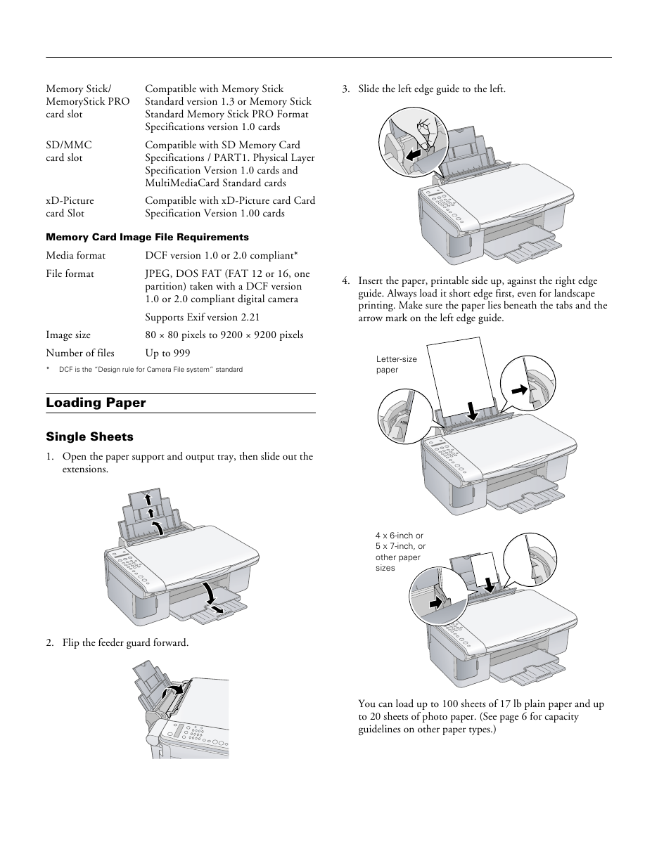 Loading paper, Single sheets | Epson Stylus Parts CX5800F User Manual | Page 4 / 22