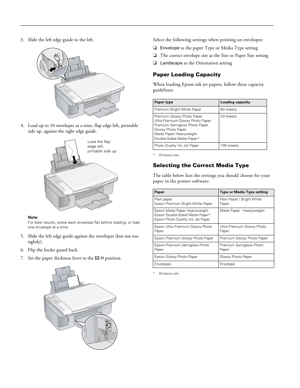 Paper loading capacity, Selecting the correct media type, Epson stylus cx5800f | Epson Stylus Parts CX5800F User Manual | Page 6 / 22