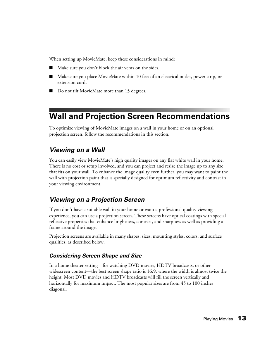 Wall and projection screen recommendations, Viewing on a wall, Viewing on a projection screen | Epson 50 User Manual | Page 13 / 65