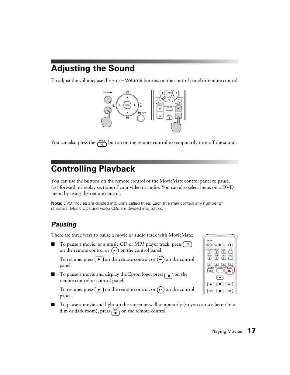 Adjusting the sound, Controlling playback, Pausing | Epson 50 User Manual | Page 17 / 65