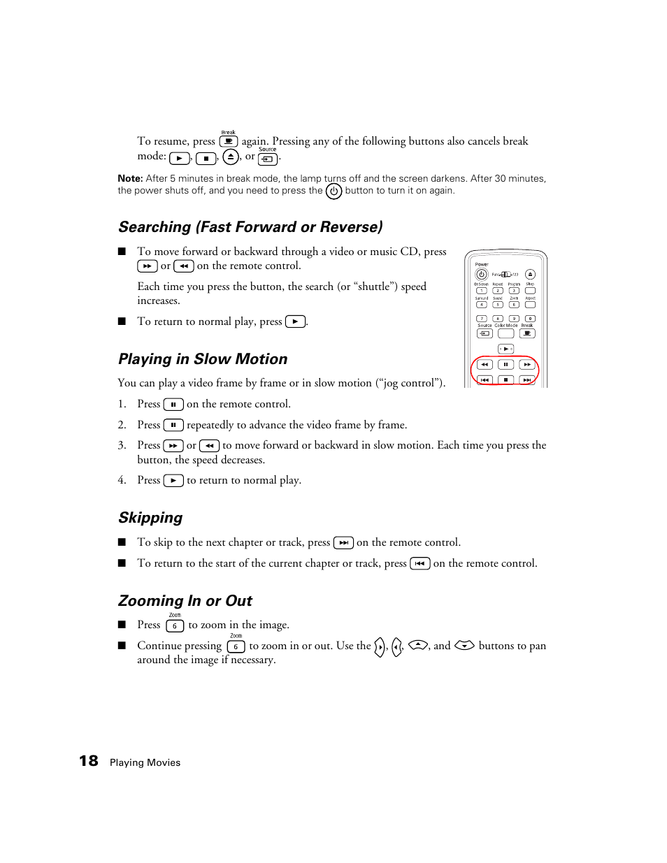 Searching (fast forward or reverse), Playing in slow motion, Skipping | Zooming in or out | Epson 50 User Manual | Page 18 / 65