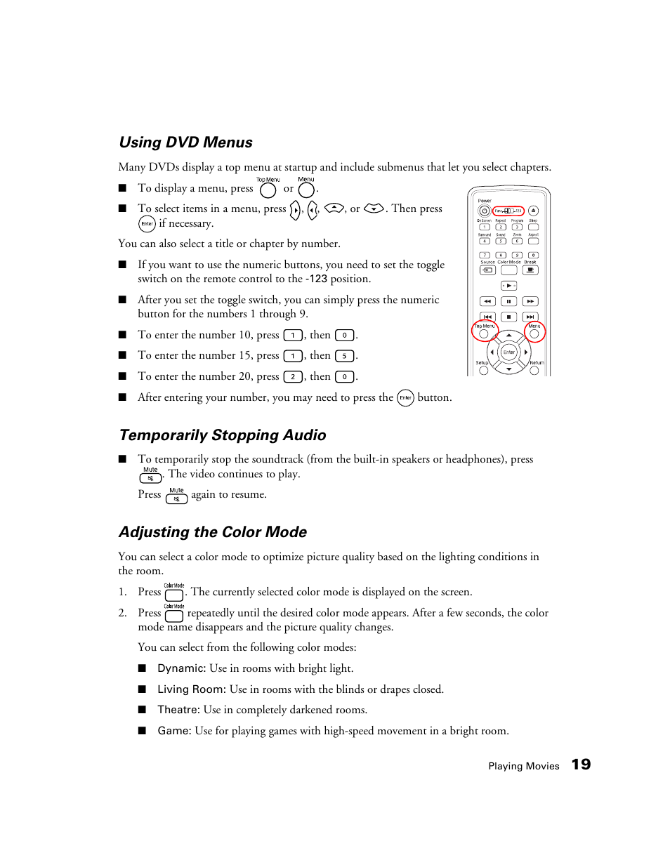 Using dvd menus, Temporarily stopping audio, Adjusting the color mode | 19 using dvd menus | Epson 50 User Manual | Page 19 / 65