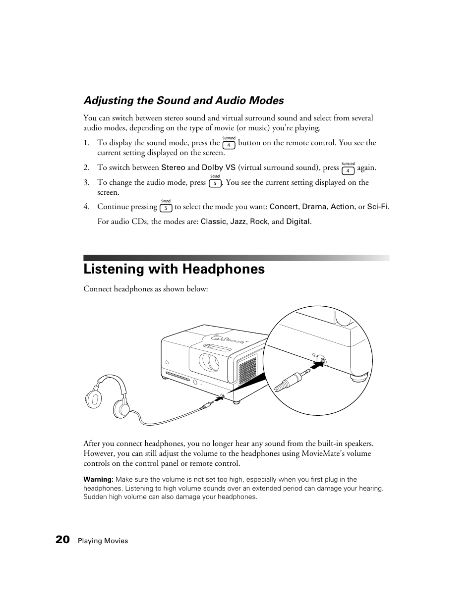 Adjusting the sound and audio modes, Listening with headphones | Epson 50 User Manual | Page 20 / 65