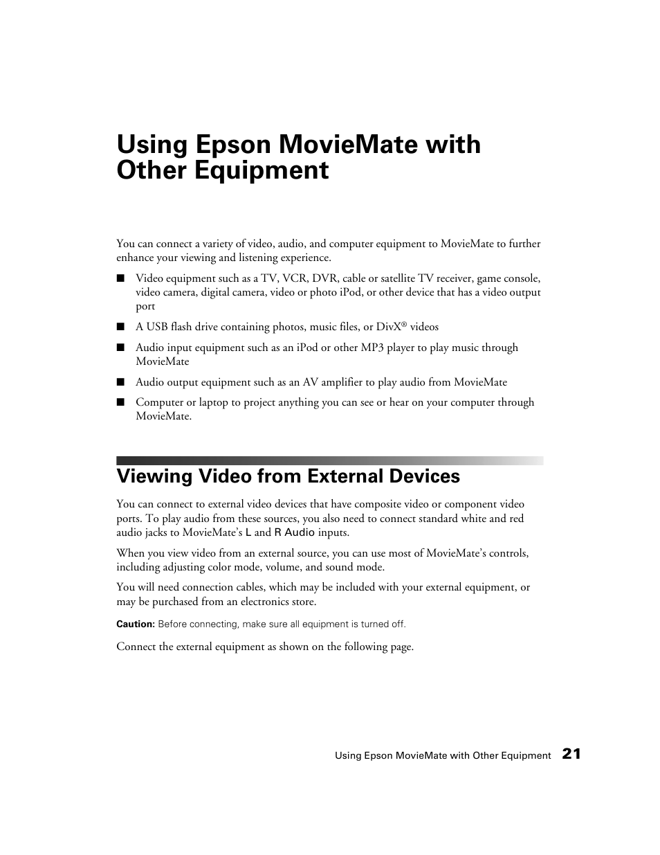 Using epson moviemate with other equipment, Viewing video from external devices | Epson 50 User Manual | Page 21 / 65