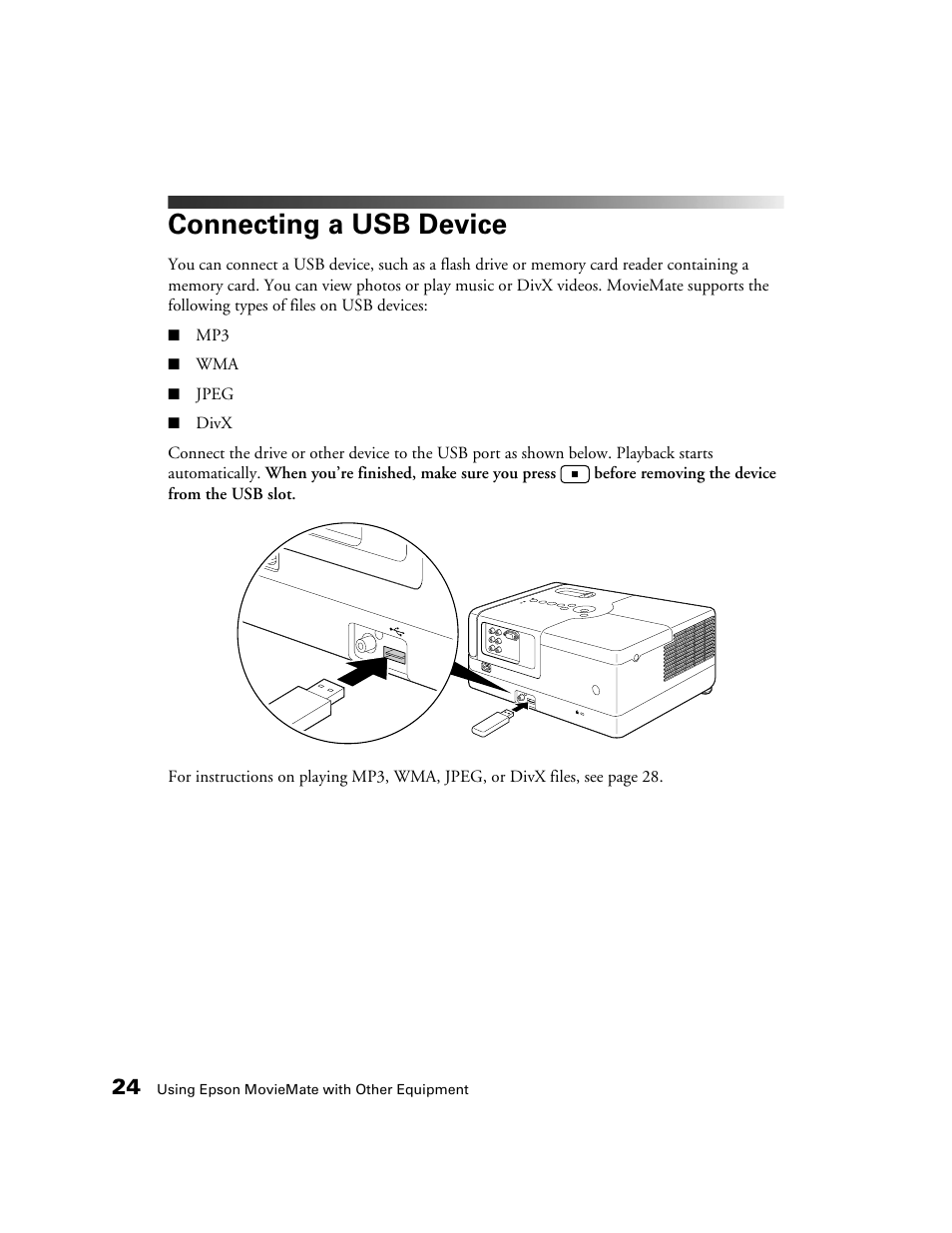 Connecting a usb device | Epson 50 User Manual | Page 24 / 65
