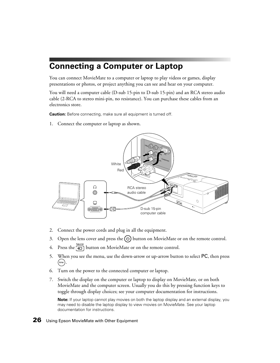 Connecting a computer or laptop | Epson 50 User Manual | Page 26 / 65