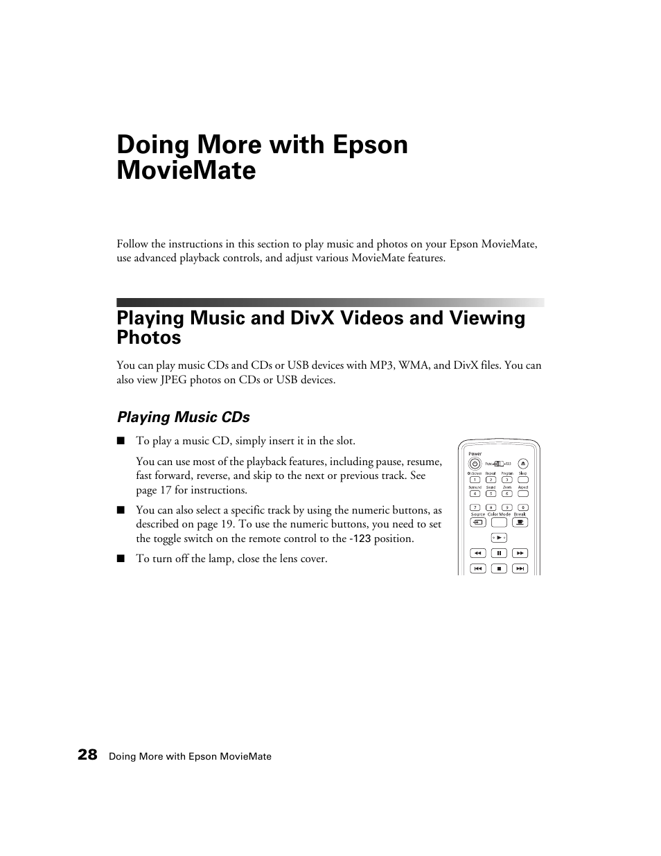 Doing more with epson moviemate, Playing music and divx videos and viewing photos, Playing music cds | Epson 50 User Manual | Page 28 / 65