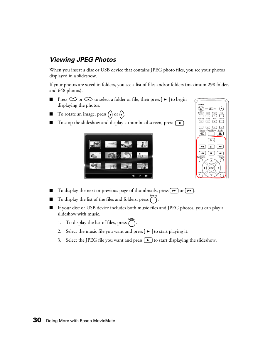 Viewing jpeg photos | Epson 50 User Manual | Page 30 / 65