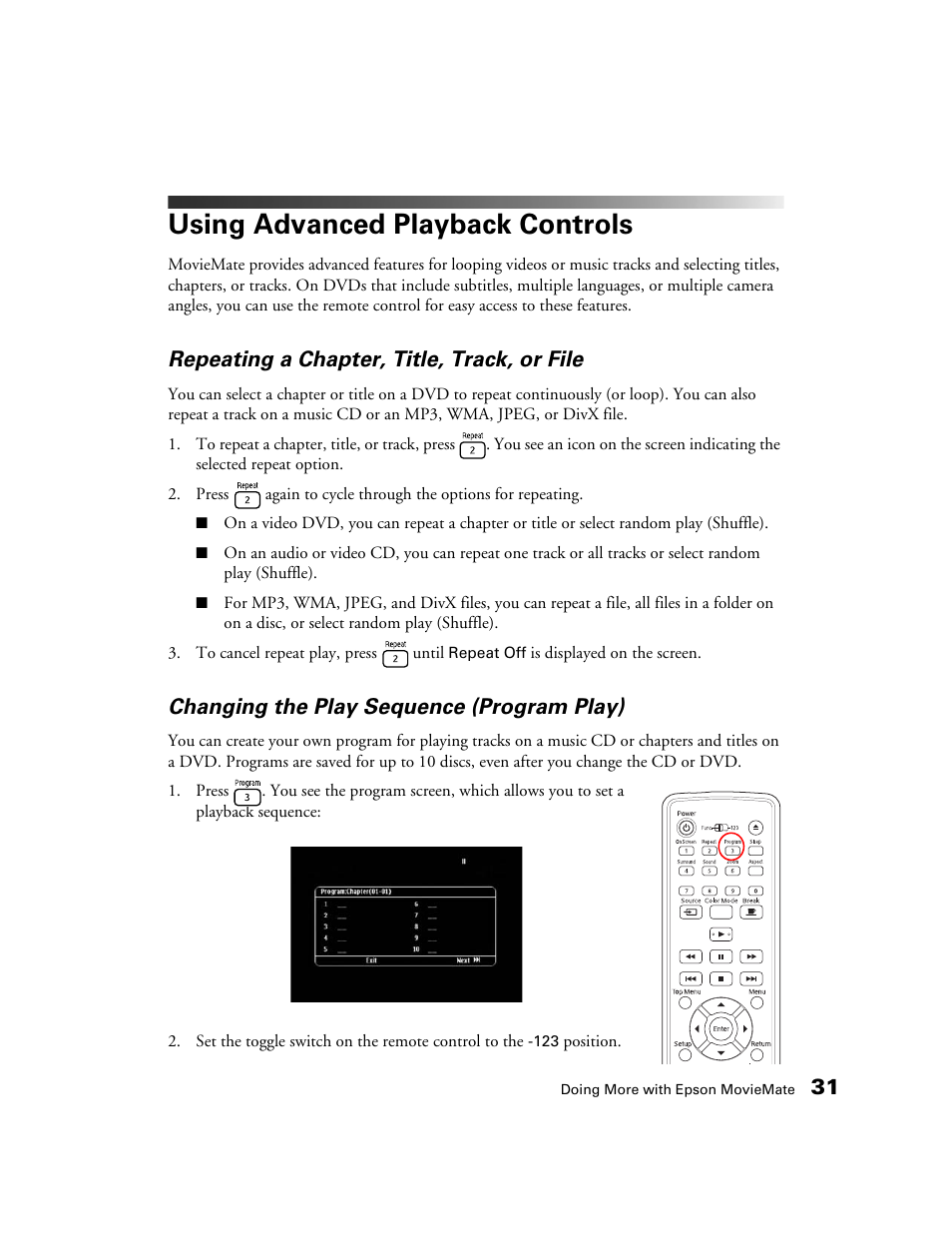 Using advanced playback controls, Repeating a chapter, title, track, or file, Changing the play sequence (program play) | Epson 50 User Manual | Page 31 / 65