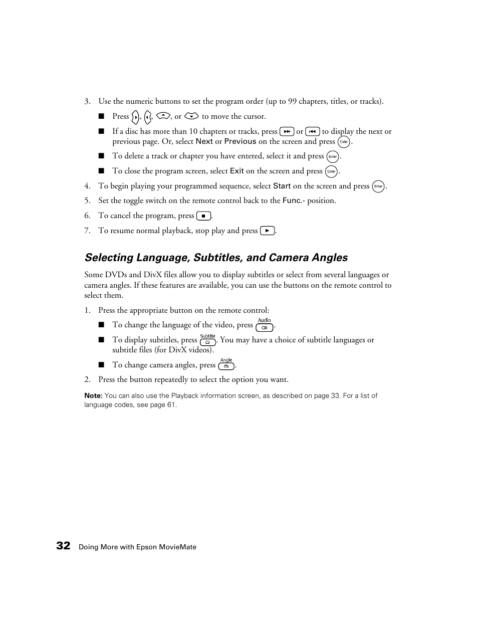 Selecting language, subtitles, and camera angles | Epson 50 User Manual | Page 32 / 65