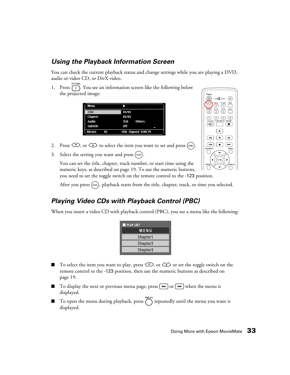 Using the playback information screen, Playing video cds with playback control (pbc), 33 using the playback information screen | Epson 50 User Manual | Page 33 / 65