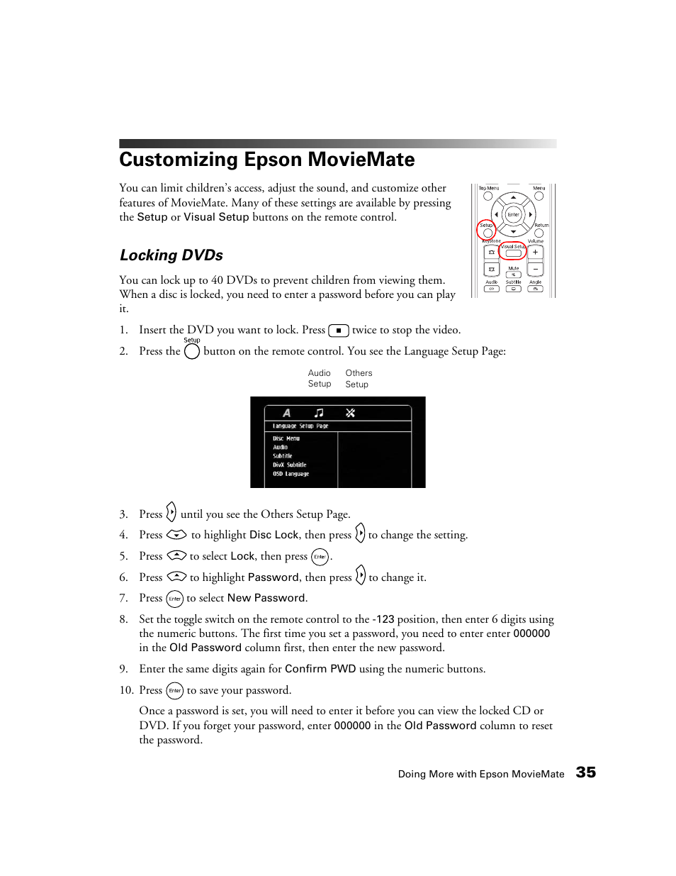 Customizing epson moviemate, Locking dvds | Epson 50 User Manual | Page 35 / 65