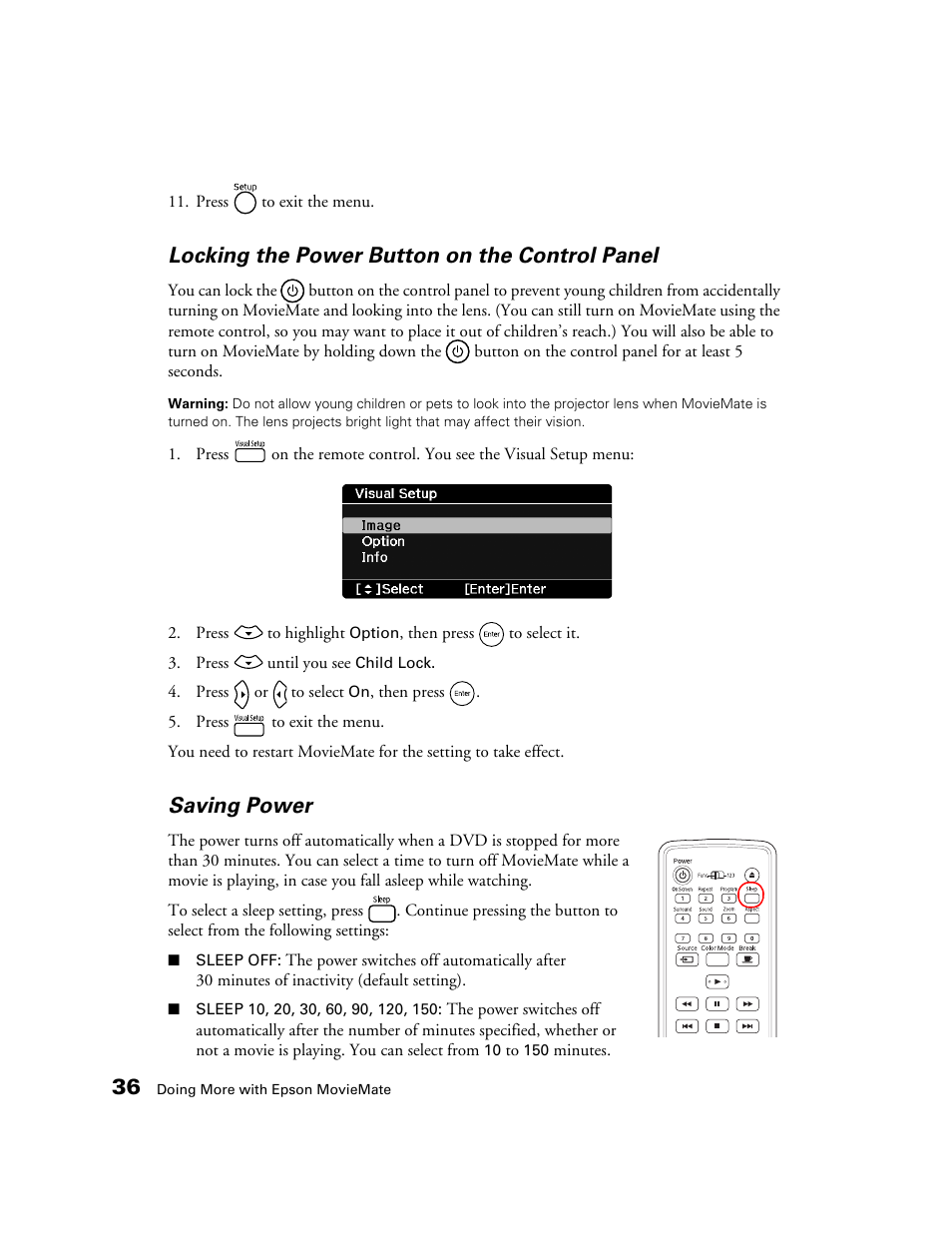 Locking the power button on the control panel, Saving power | Epson 50 User Manual | Page 36 / 65