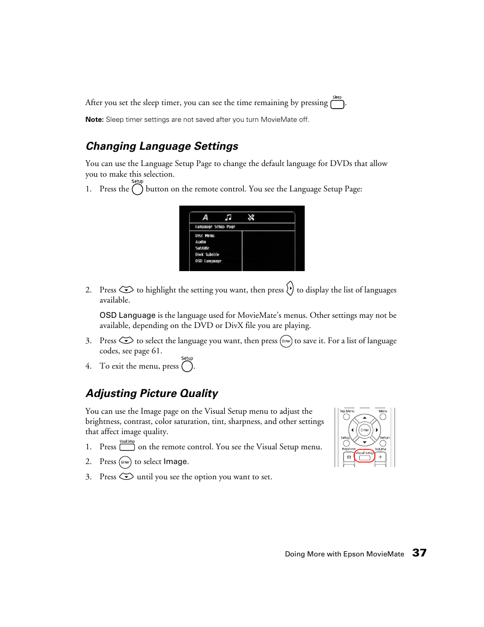 Changing language settings, Adjusting picture quality | Epson 50 User Manual | Page 37 / 65