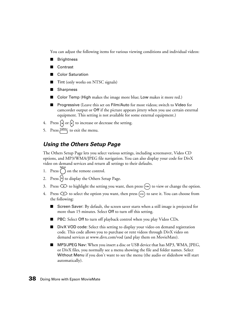 Using the others setup page | Epson 50 User Manual | Page 38 / 65