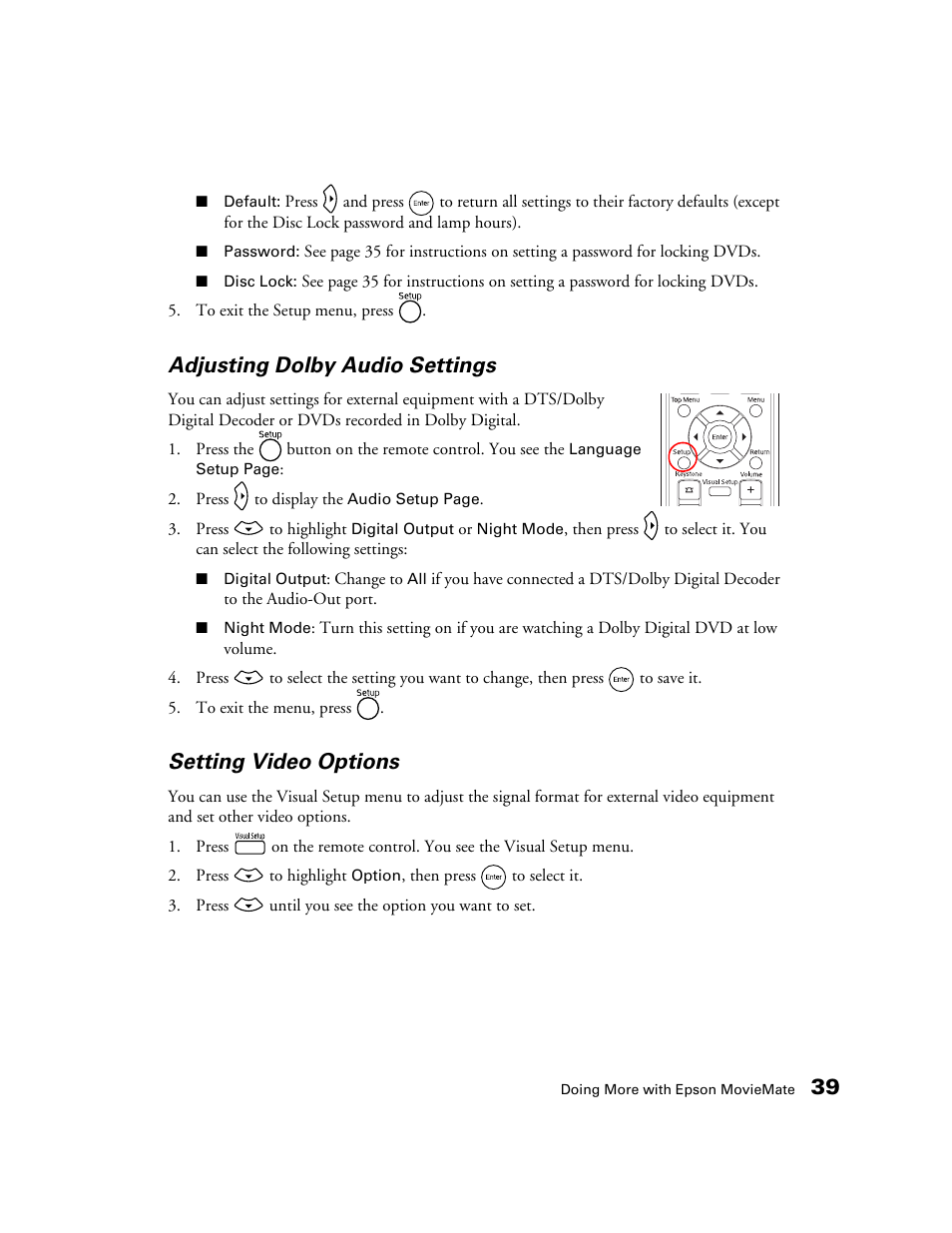 Adjusting dolby audio settings, Setting video options | Epson 50 User Manual | Page 39 / 65