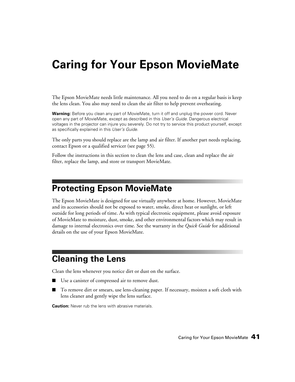 Caring for your epson moviemate, Protecting epson moviemate, Cleaning the lens | Epson 50 User Manual | Page 41 / 65