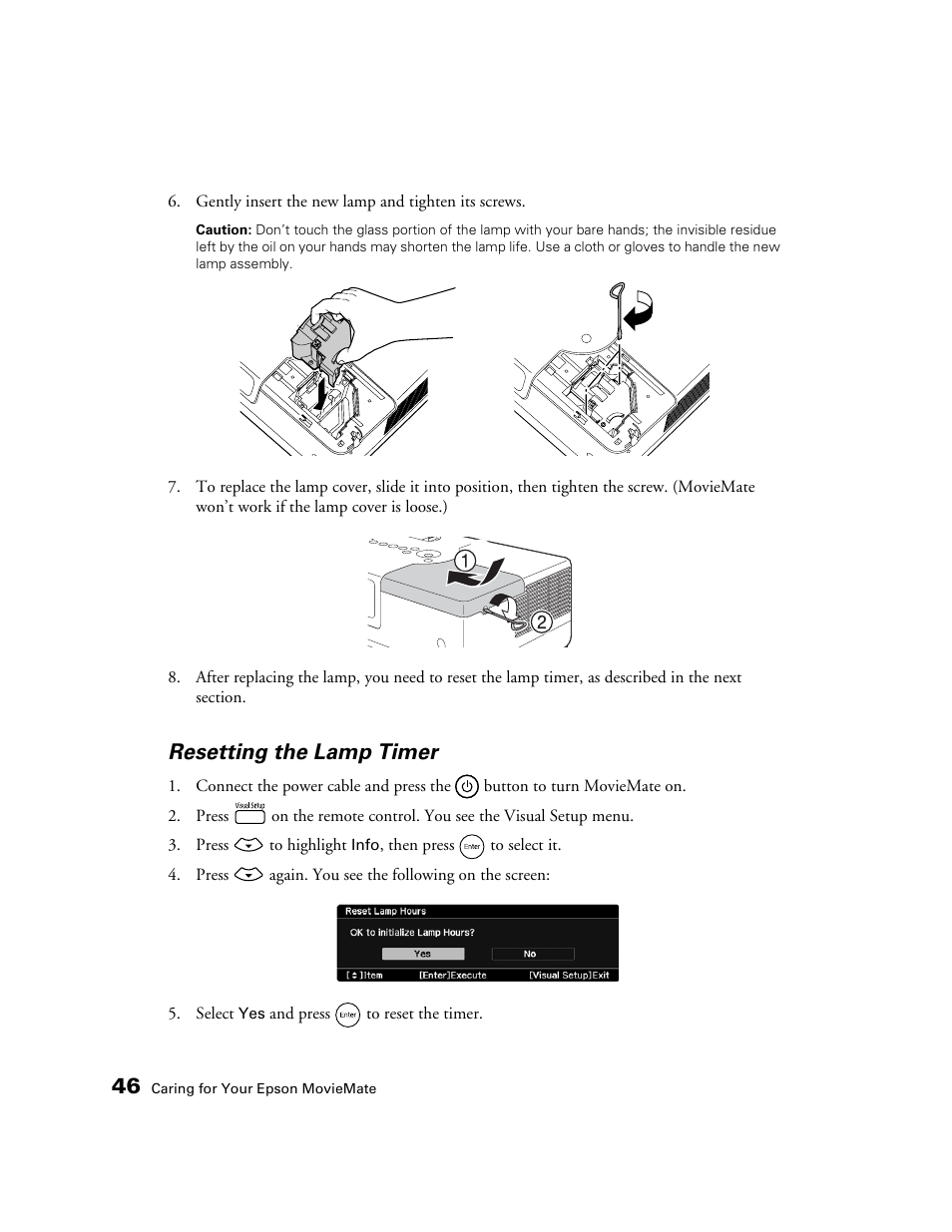 Resetting the lamp timer | Epson 50 User Manual | Page 46 / 65