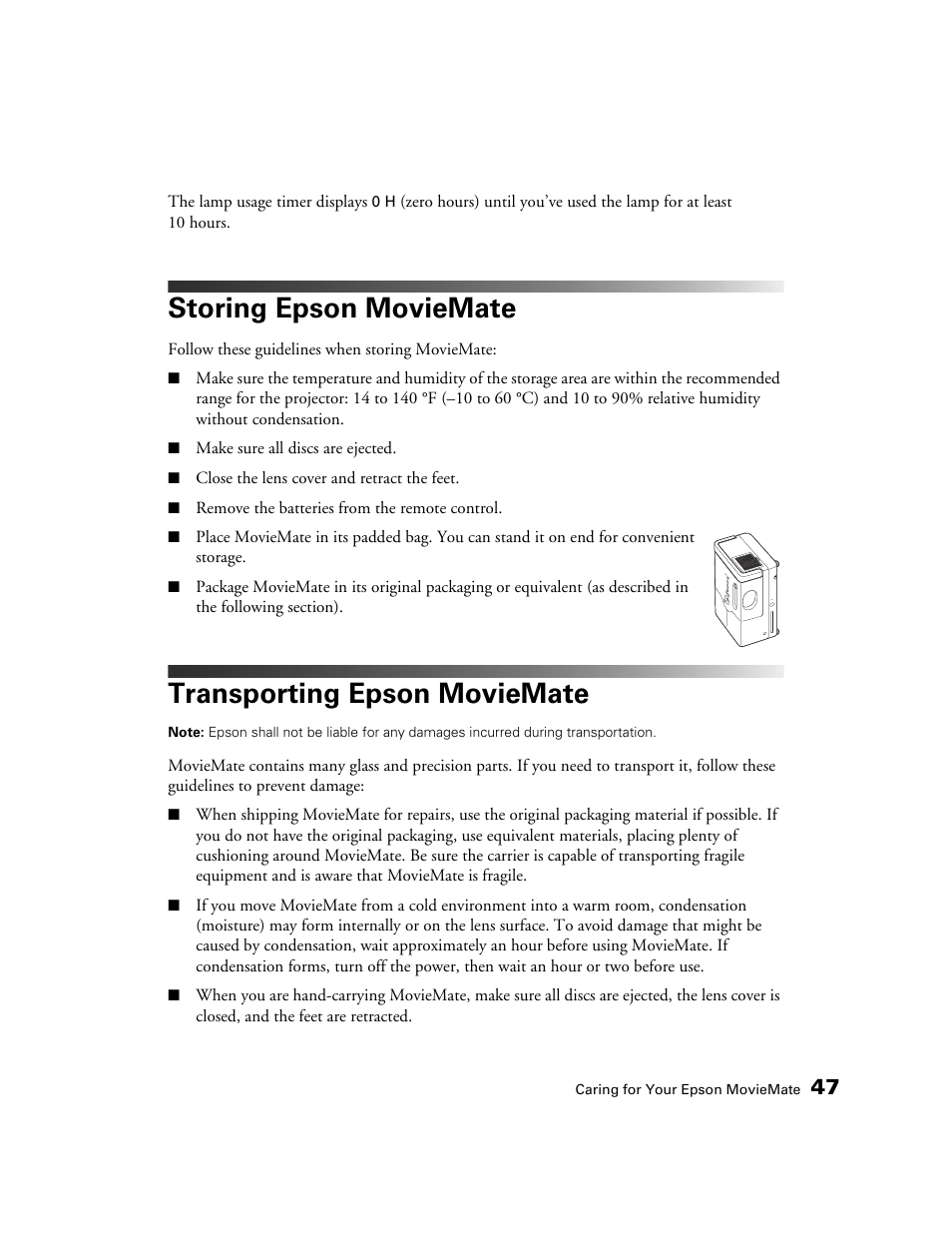 Storing epson moviemate, Transporting epson moviemate | Epson 50 User Manual | Page 47 / 65