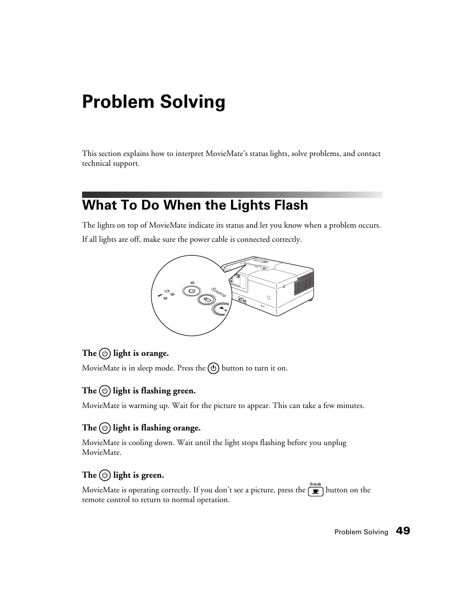 Problem solving, What to do when the lights flash | Epson 50 User Manual | Page 49 / 65