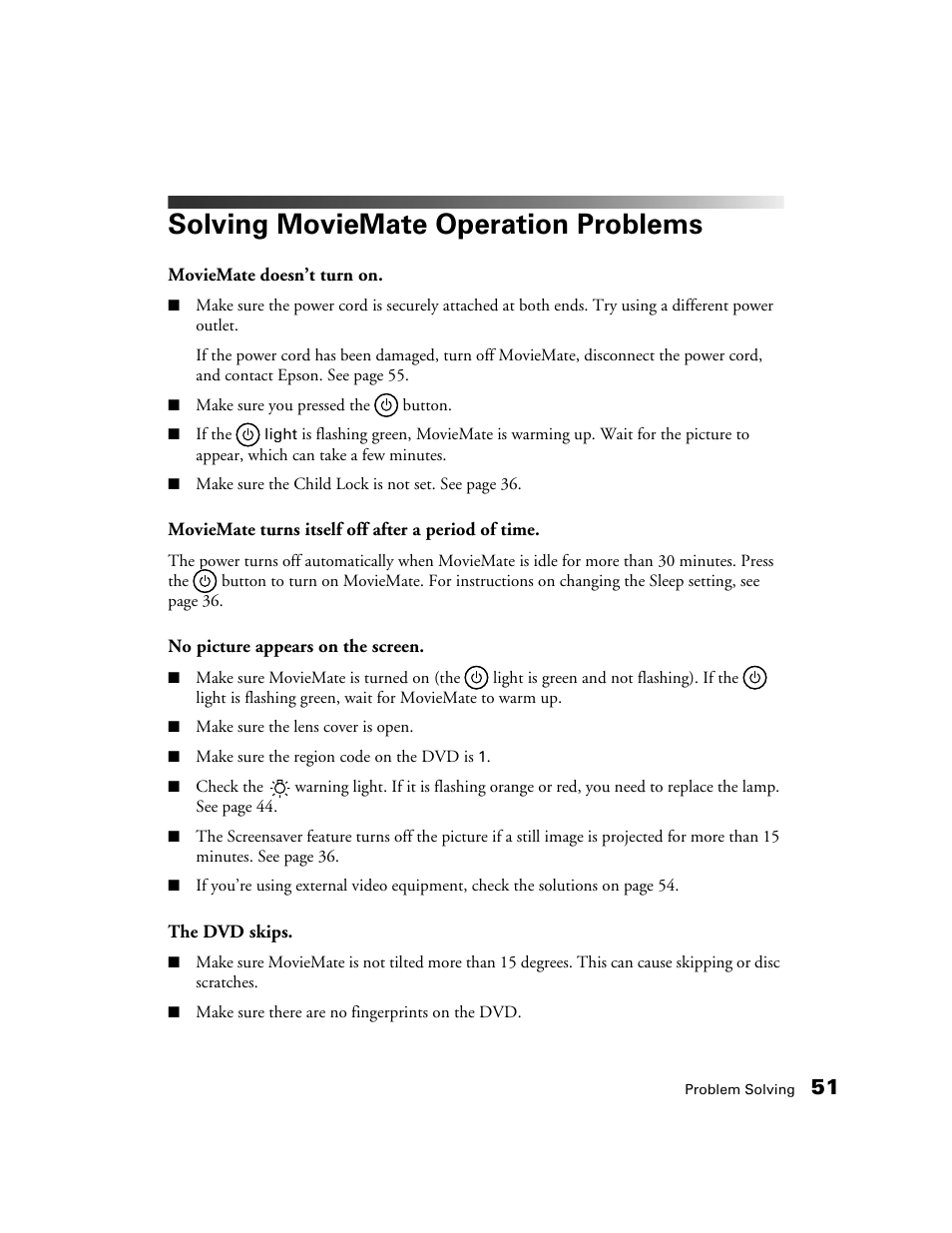 Solving moviemate operation problems | Epson 50 User Manual | Page 51 / 65