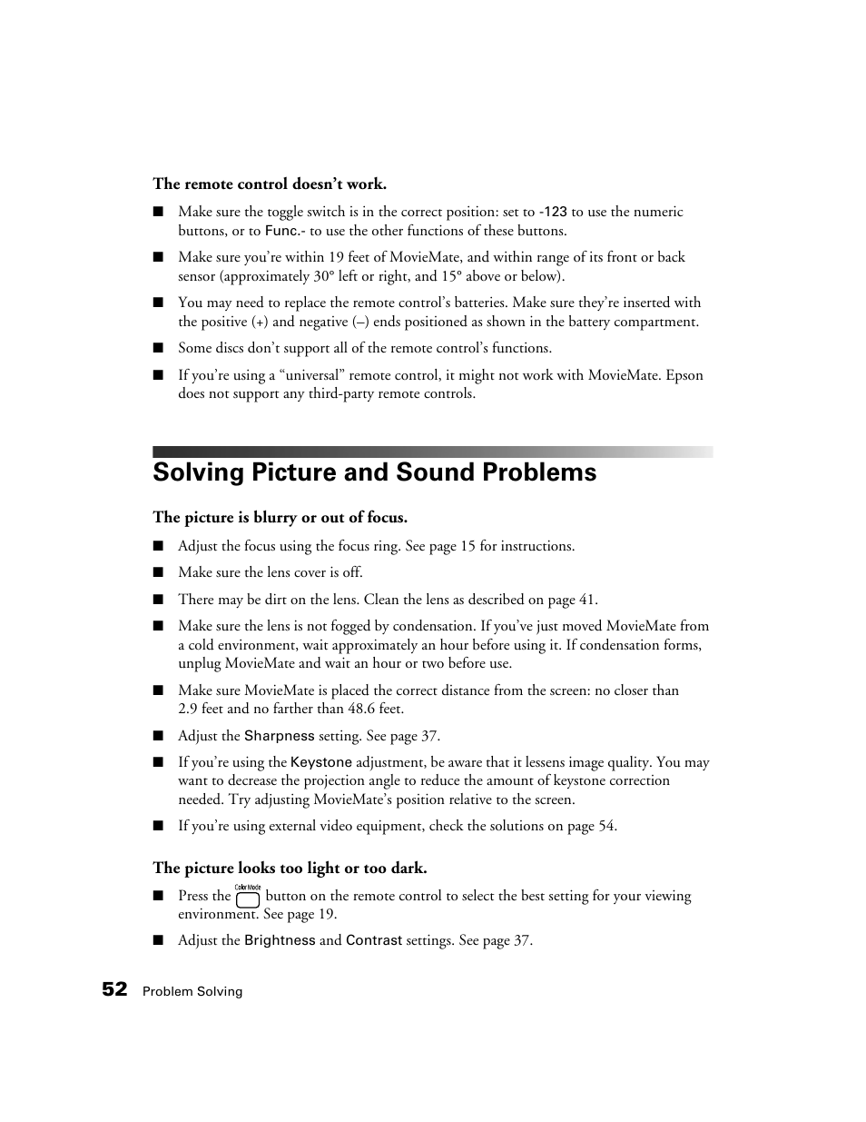 Solving picture and sound problems | Epson 50 User Manual | Page 52 / 65