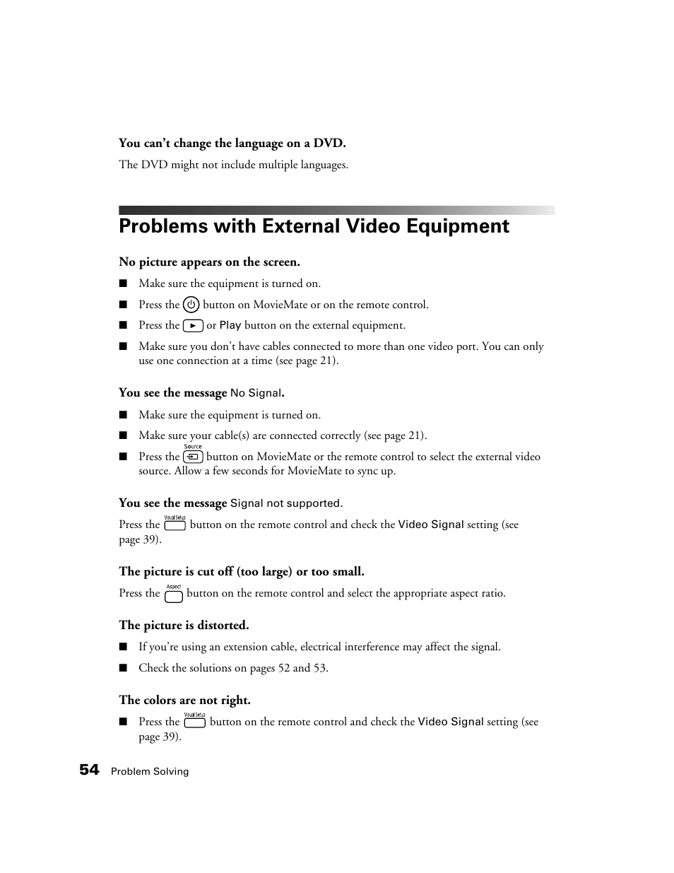 Problems with external video equipment | Epson 50 User Manual | Page 54 / 65