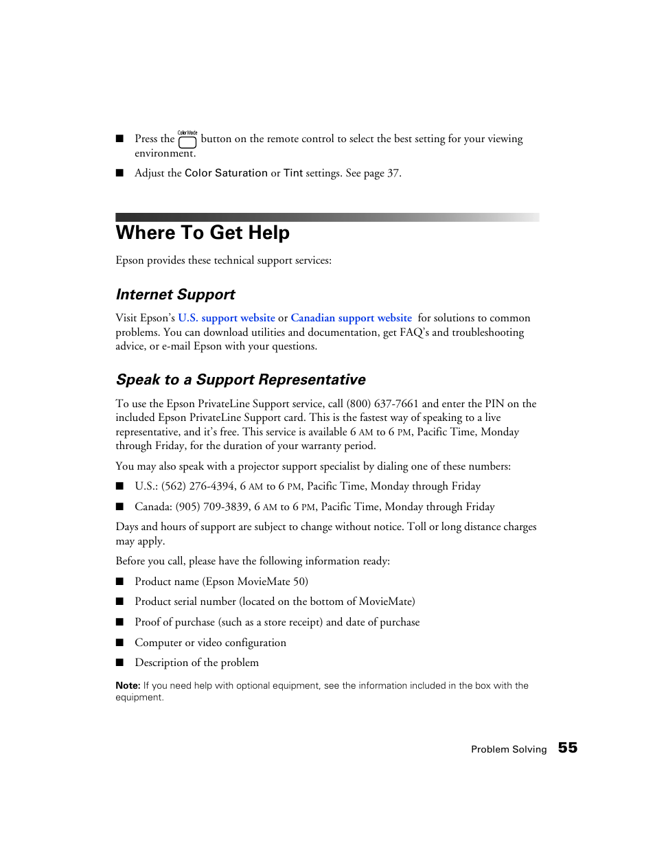 Where to get help, Internet support, Speak to a support representative | Epson 50 User Manual | Page 55 / 65